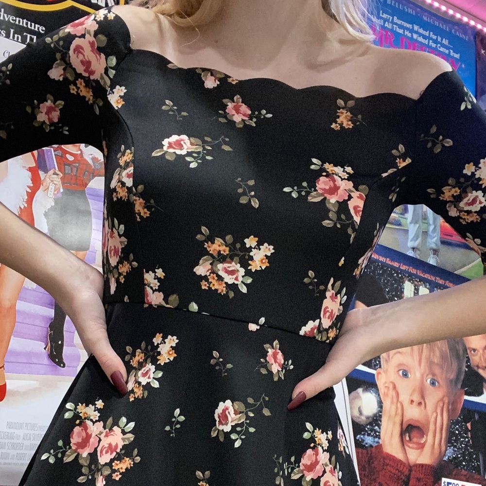Black Off the Shoulder Dress with Flowers 💐